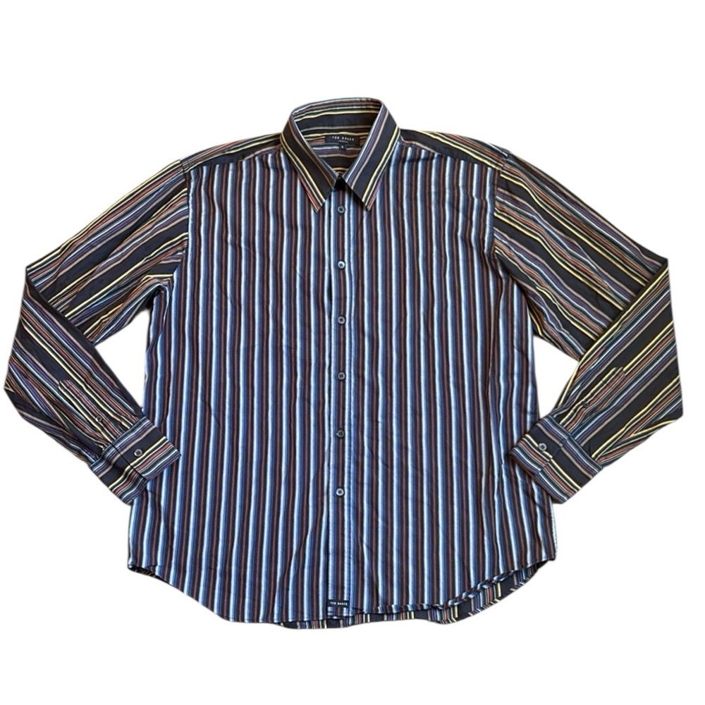 Ted Baker Button-Up Shirt Men's 5 (XL) Blue Multi Contrast Striped Long Sleeve